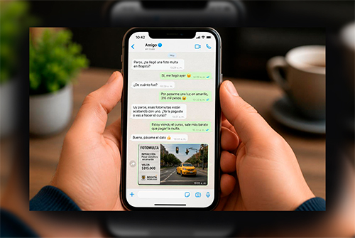 Mensaje falso de fotomulta recibido por WhatsApp junto a un teléfono móvil con una advertencia de fraude digital.