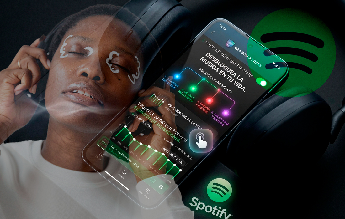 Usuario ajustando la configuración de Spotify para mejorar la calidad del audio en sus audífonos desde un teléfono inteligente.