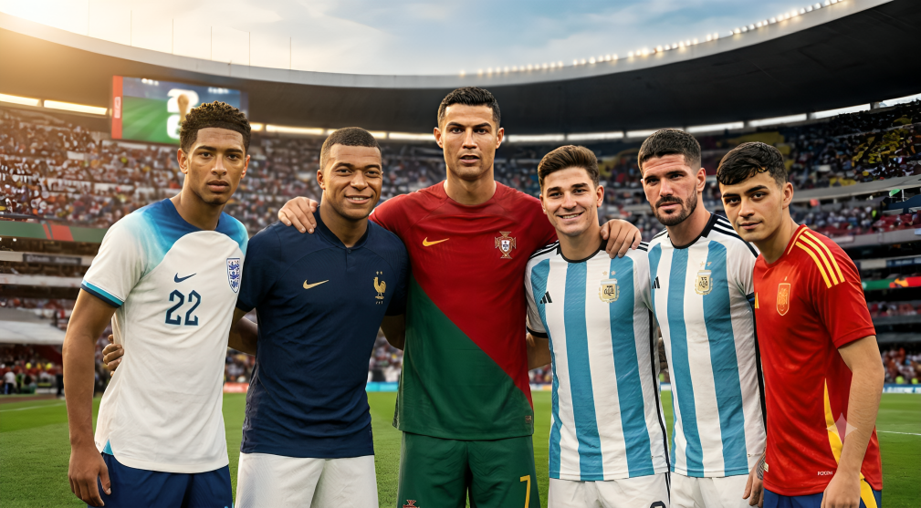 Varios futbolistas del Mundial 2026 durante un partido, reconocidos por su popularidad y gran impacto en las redes sociales.
